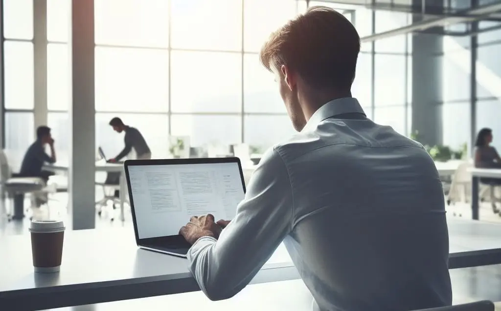 Ein Mann in einem Büro, der auf seinem Laptop arbeitet.